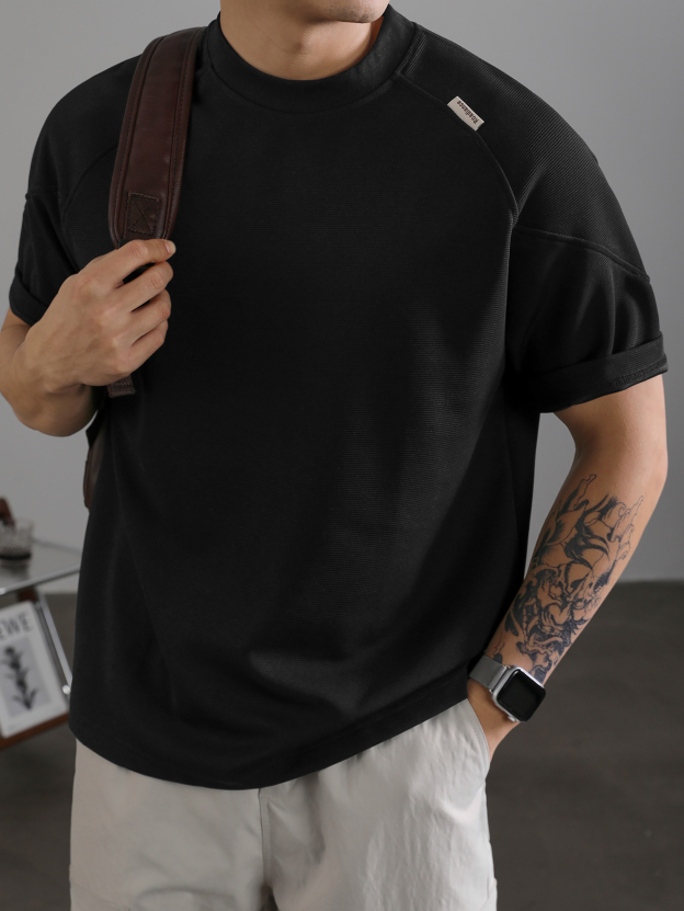 國潮簡質百搭短袖男夏季插肩袖坑條肌理T恤衫休閒圓領上衣