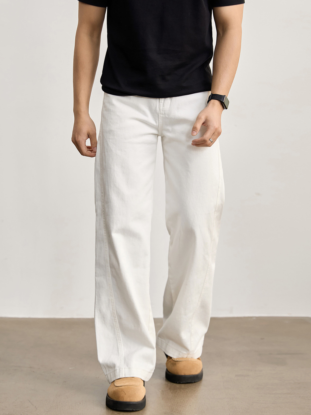 370g碳磨斜紋無彈布直筒牛仔褲男春季100純棉水洗休閒闊腿褲