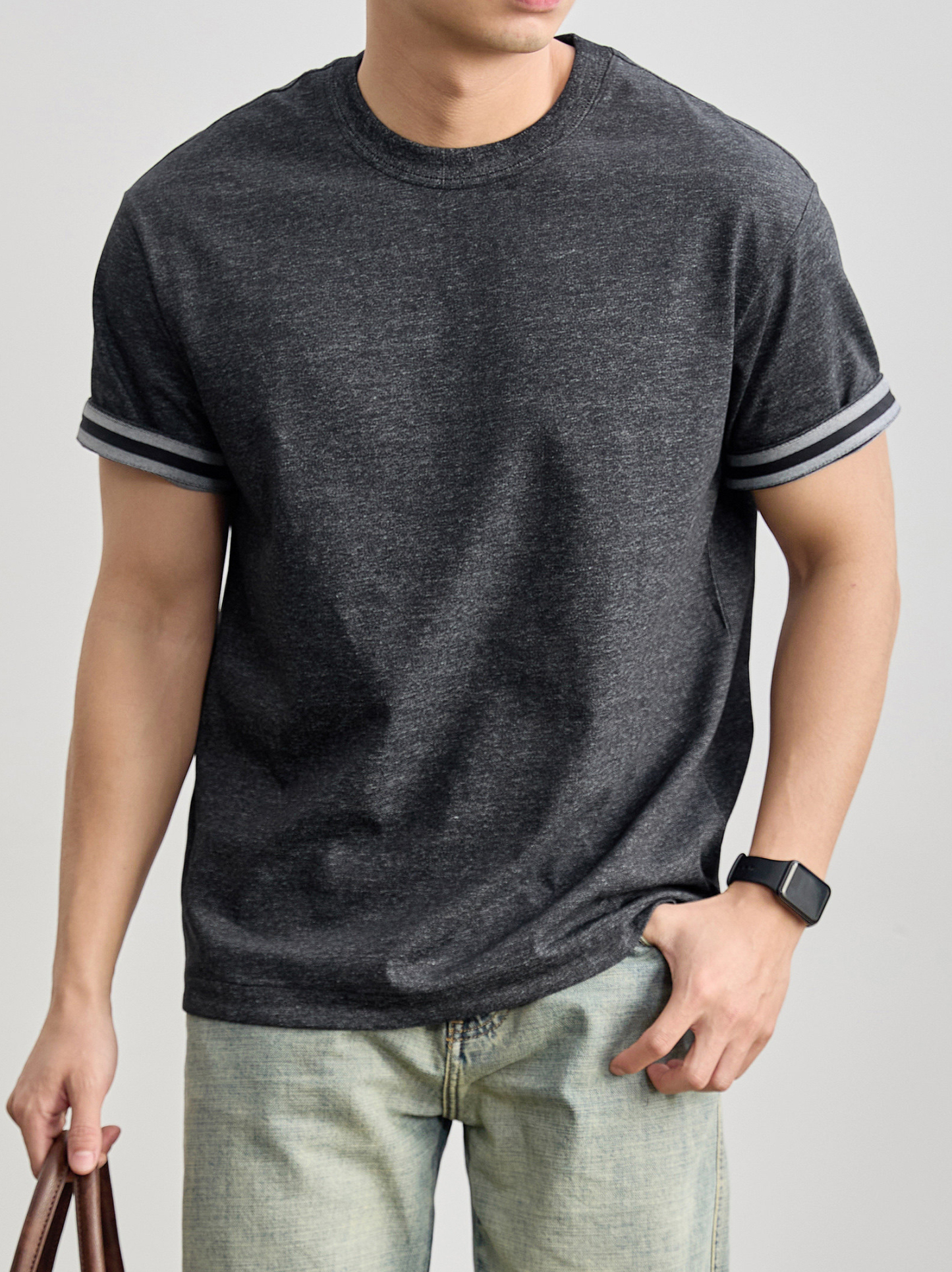 水洗棉混紡男士痞帥高級感短袖衫花灰色撞色條紋內裏上衣