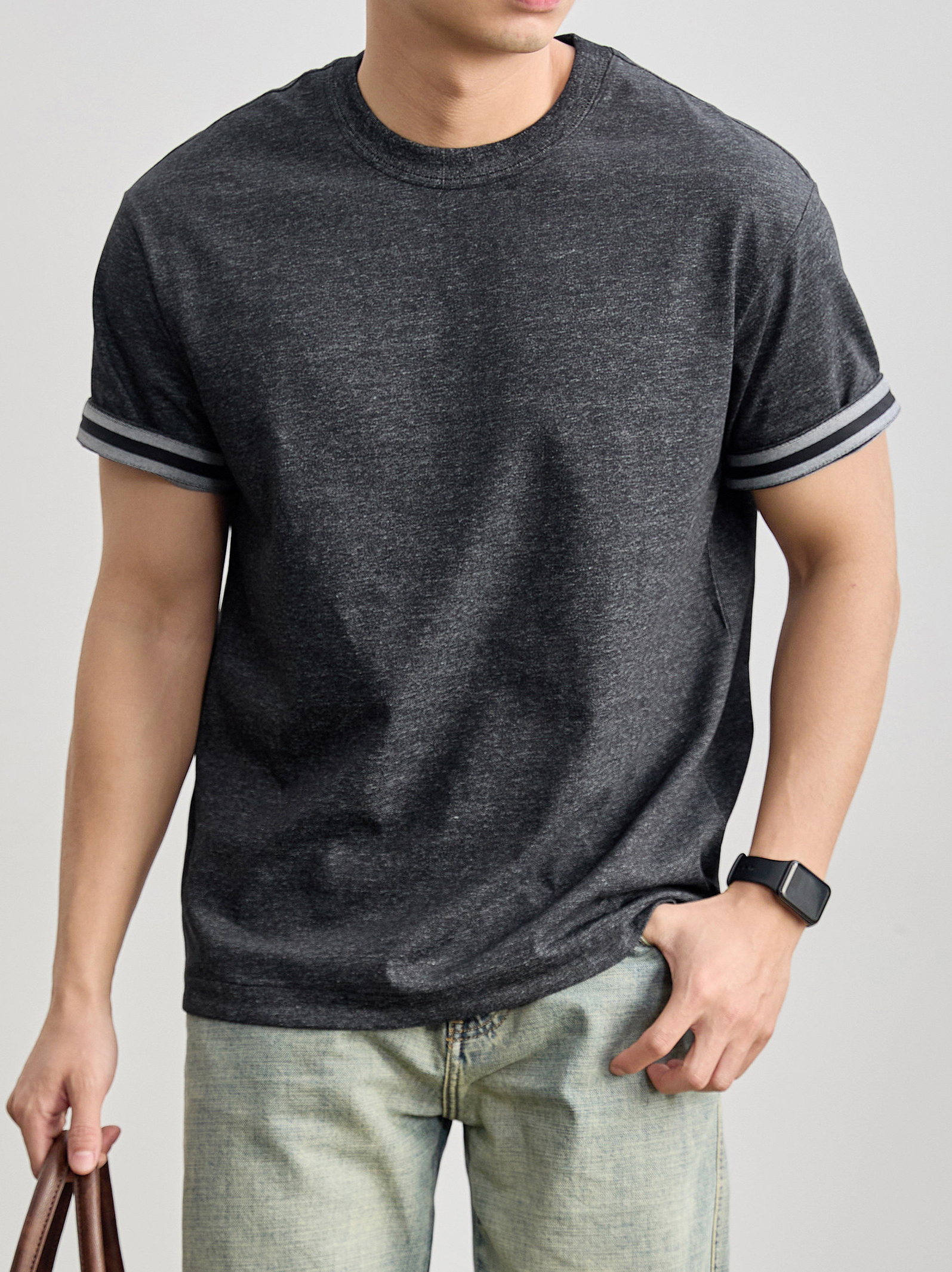 水洗棉混紡男士痞帥高級感短袖衫花灰色撞色條紋內裏上衣