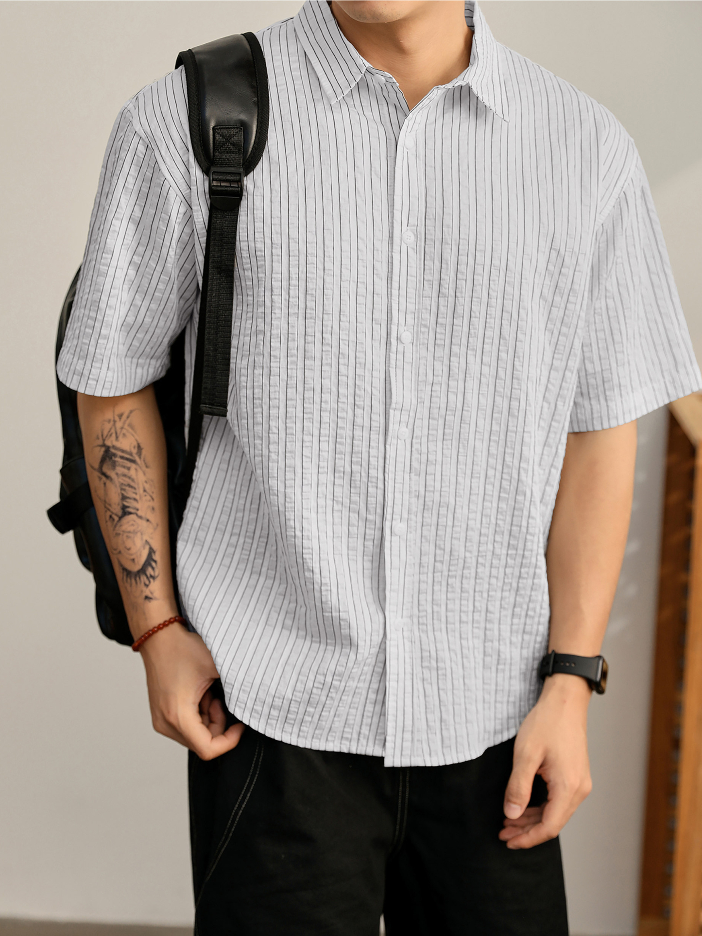 夏季男士宽松落肩条纹衬衫天丝莱赛尔微皱泡泡肌理薄款衬衣