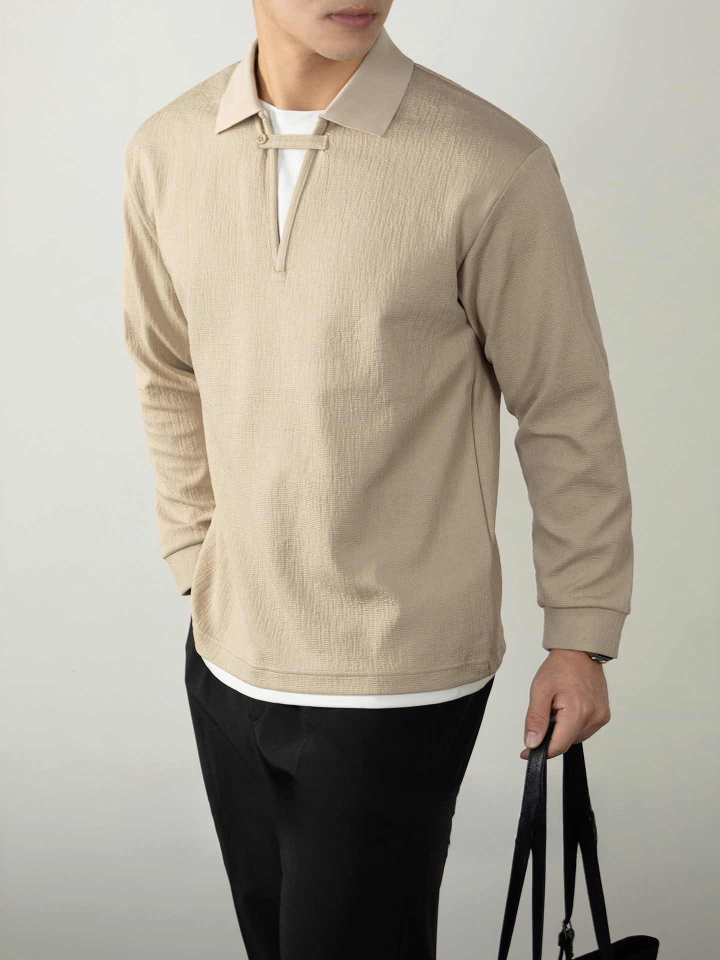 【高智感•假兩件】 褶皺肌理長袖POLO衫男士商務休閒搭扣設計感