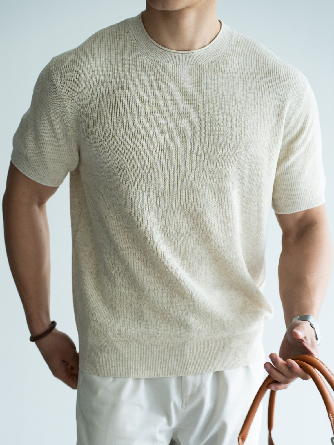 豎紋肌理萊塞爾混紡針織T恤男士2026春季新款老錢風透氣羅紋毛衣