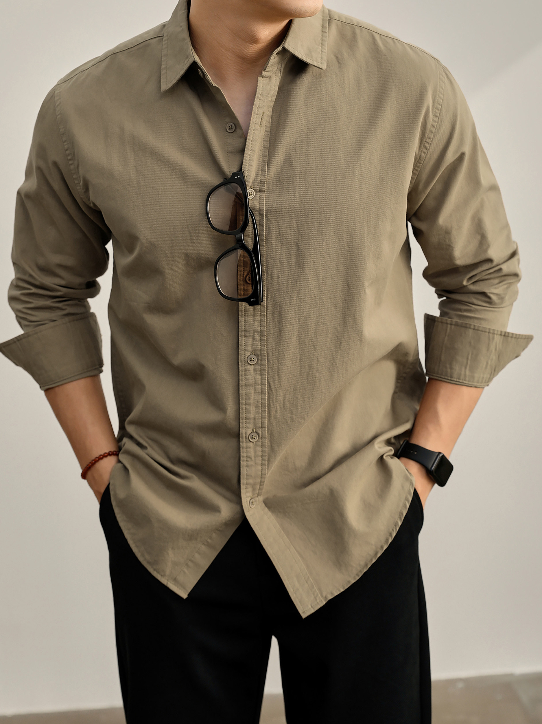 高端韓版100%純棉翻領襯衫男秋季純色時尚百搭長袖寸衣外套