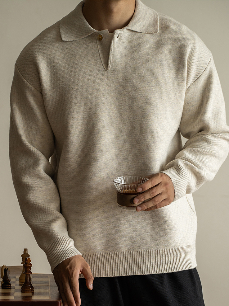 老錢風意式7針米絨翻領半開襟針織衫男士秋冬寬鬆休閒長袖polo衫