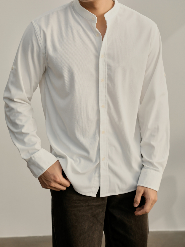 老錢風質感燈芯絨新中式立領休閒襯衫男潮流捲袖單穿小襯衣