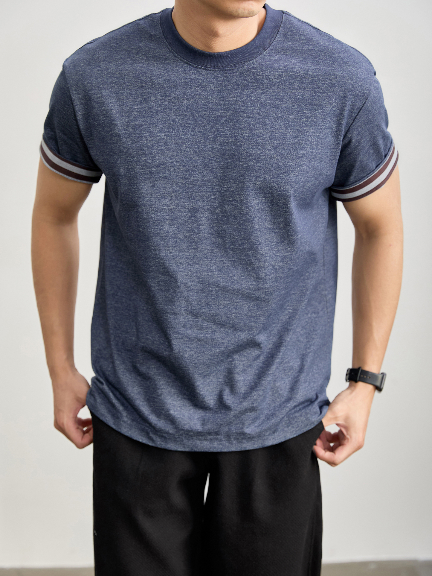 水洗棉混紡男士痞帥高級感短袖衫花灰色撞色條紋內裏上衣