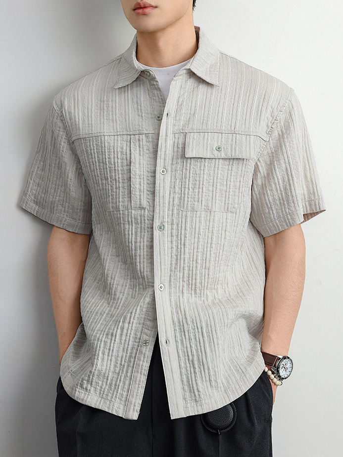 條紋襯衫男夏輕薄款高級感痞帥休閒泡泡紗老錢風休閒冰絲短袖襯衣