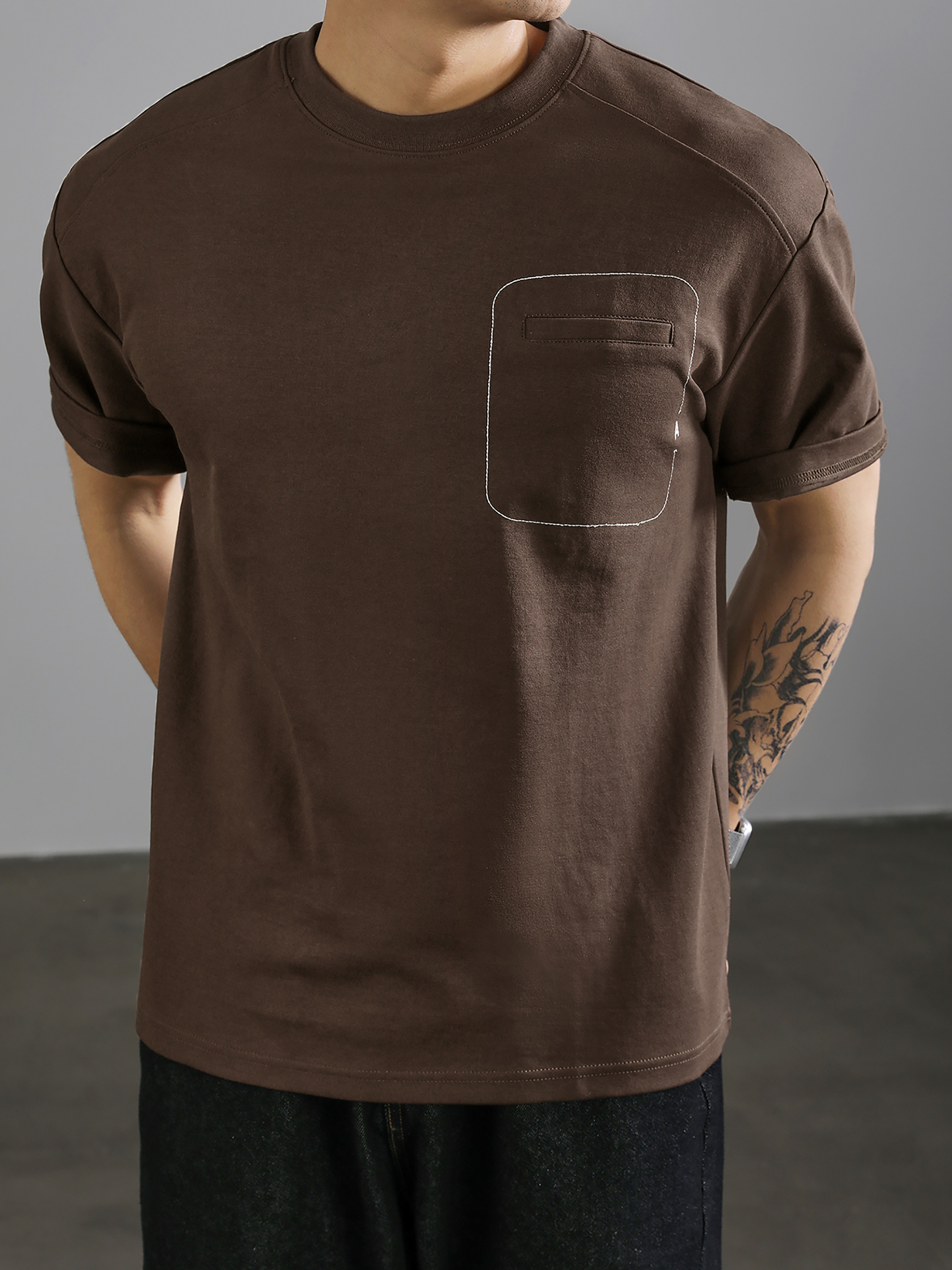 簡約A字刺繡棉質短袖T恤男國潮明線假口袋裝飾百搭圓領體恤