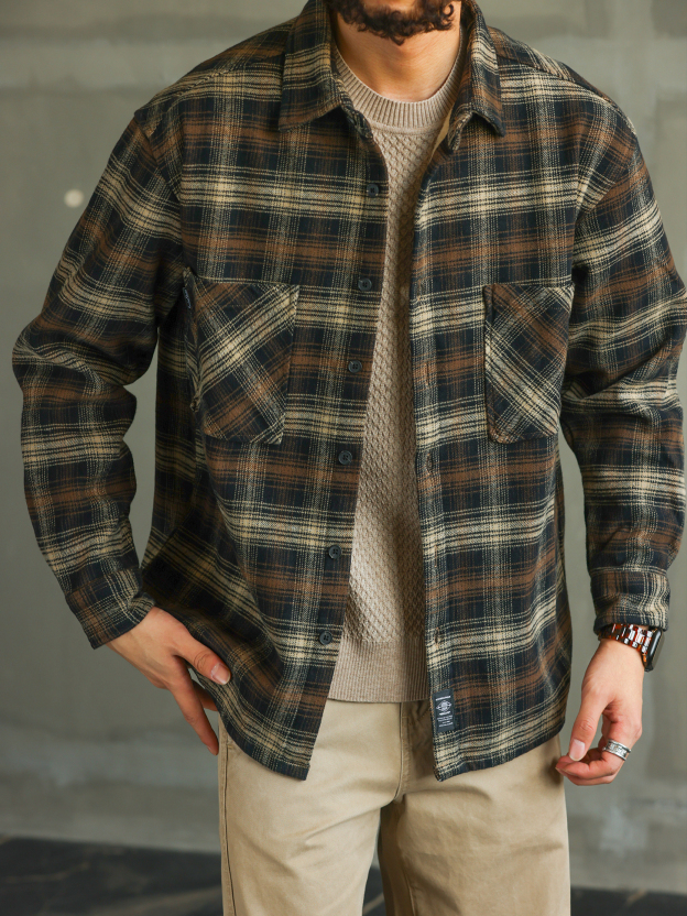 【城際暖域】秋冬純棉格子加絨加厚襯衫男士修身保暖襯衣