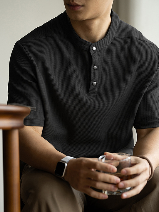 美式復古亨利領華夫格短袖T恤男2025春夏新款通勤休閒半袖上衣