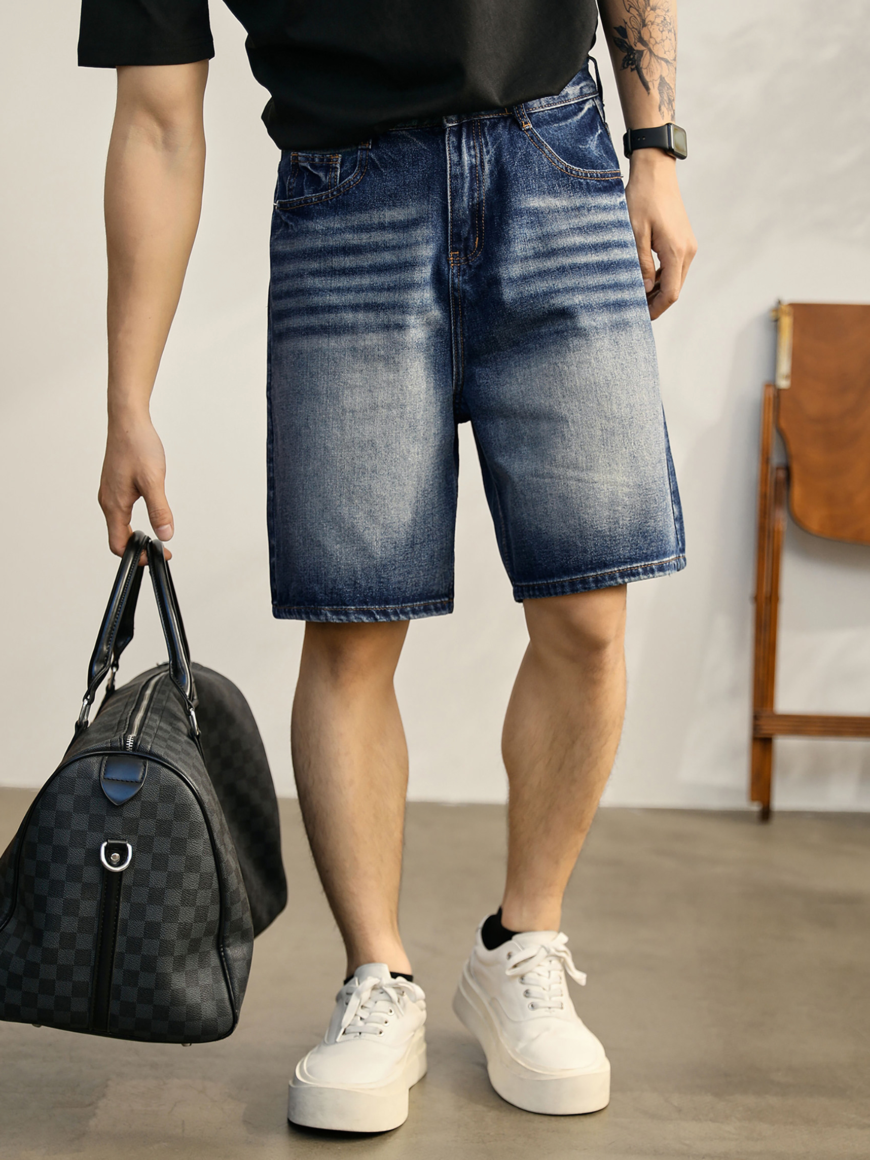 韓系潮牌水洗牛仔短褲男微寬休閒五分褲夏季新款直筒中褲子