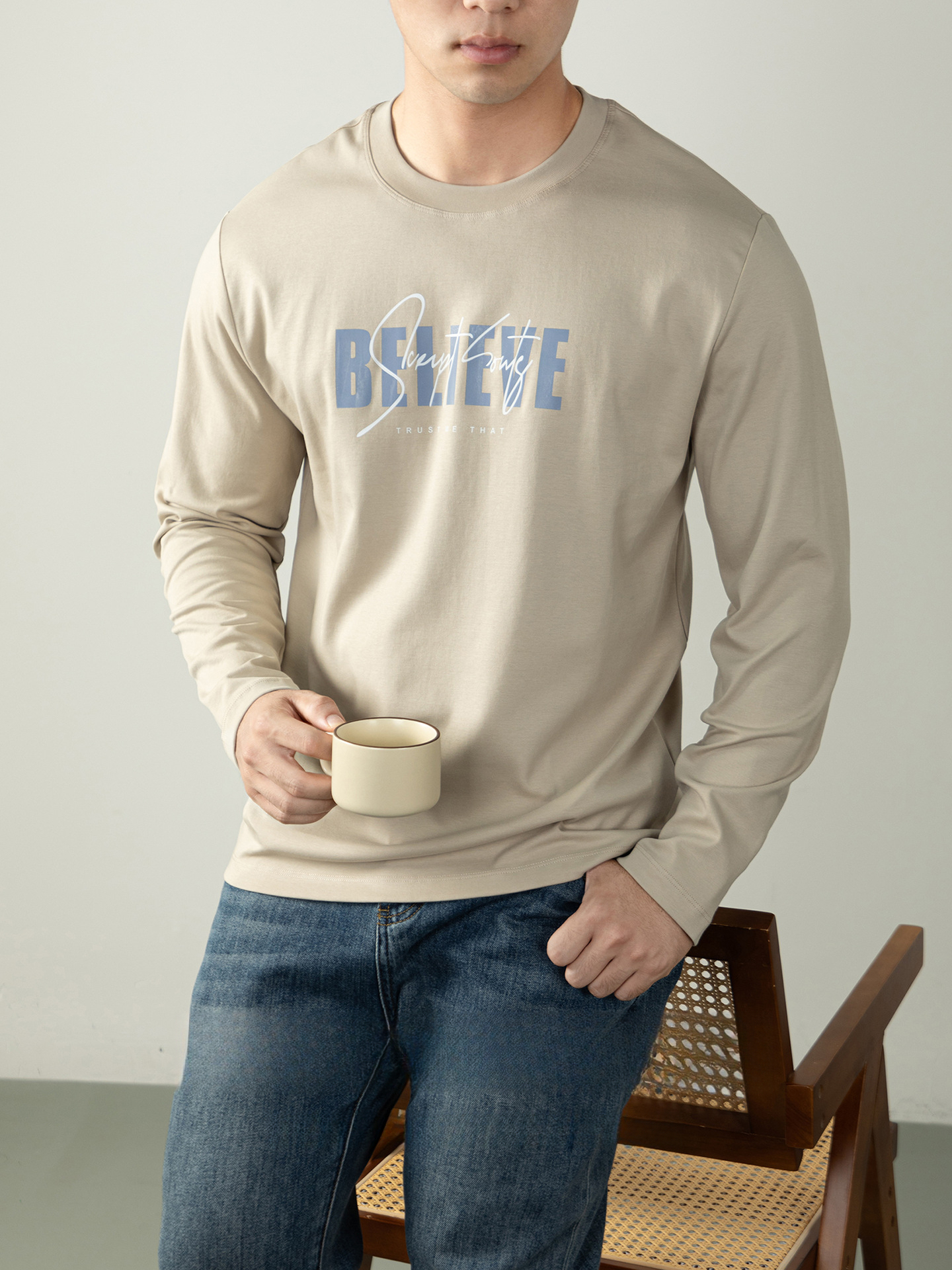 270G雙面液氨絲光棉長袖T恤男士潮流高端3D燙花秋冬休閒打底上衣