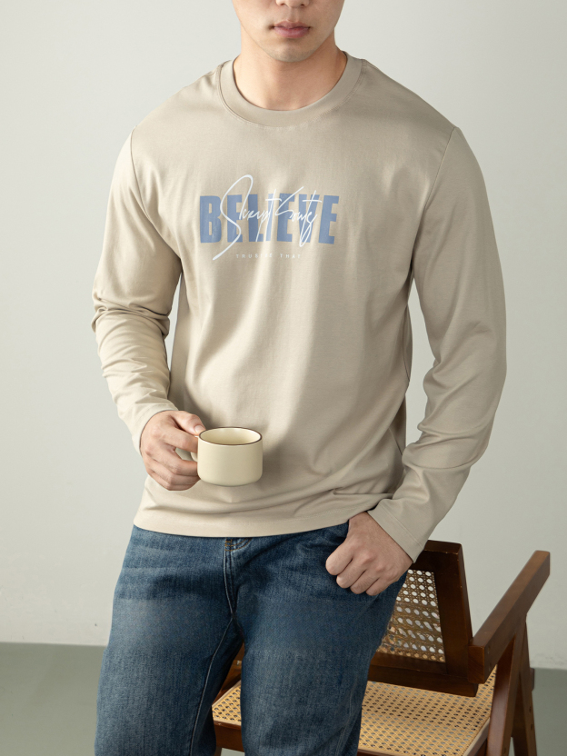 270G雙面液氨絲光棉長袖T恤男士潮流高端3D燙花秋冬休閒打底上衣