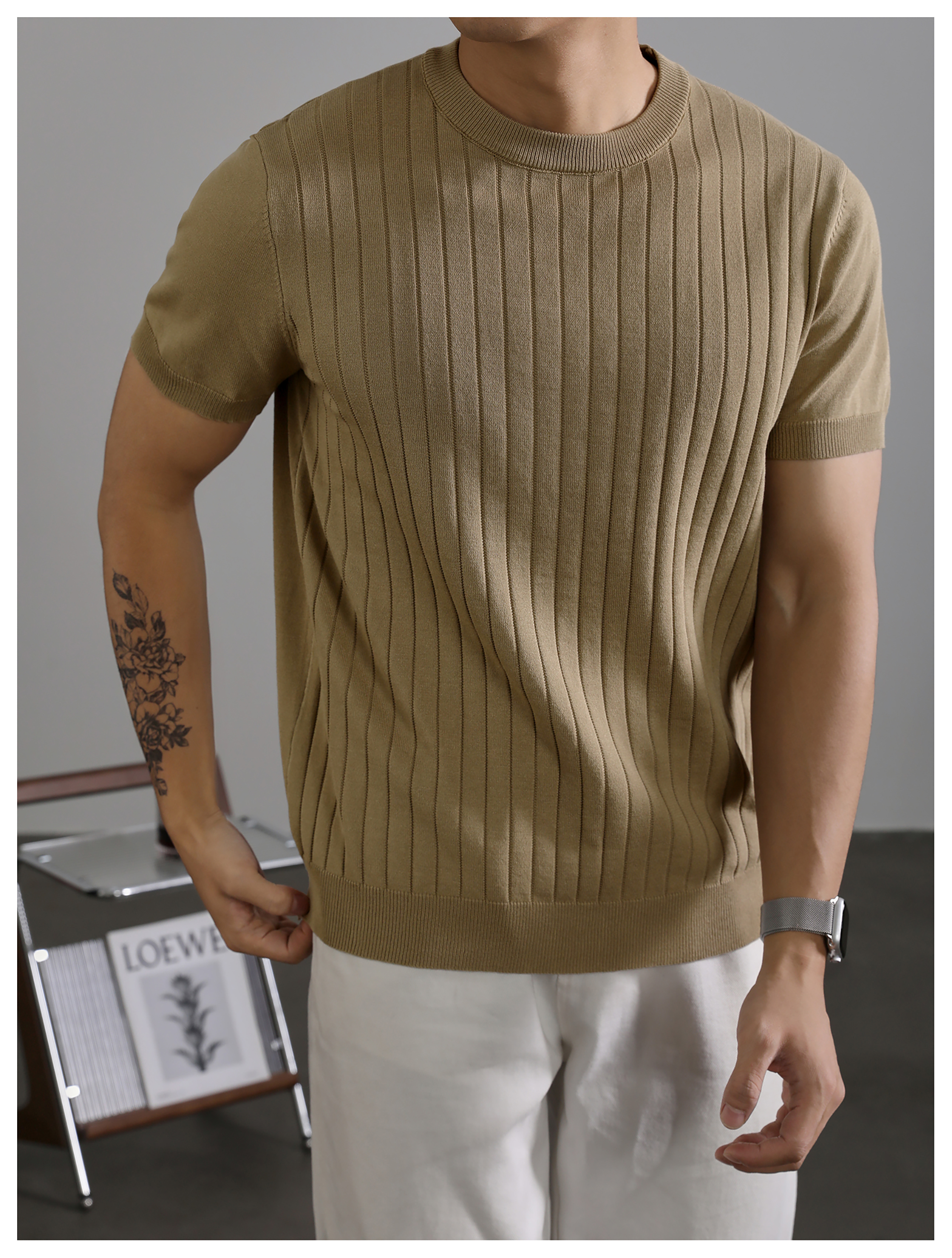 黑色簡質圓領短袖上衣男夏季透氣針織款T恤衫大條紋薄款體恤