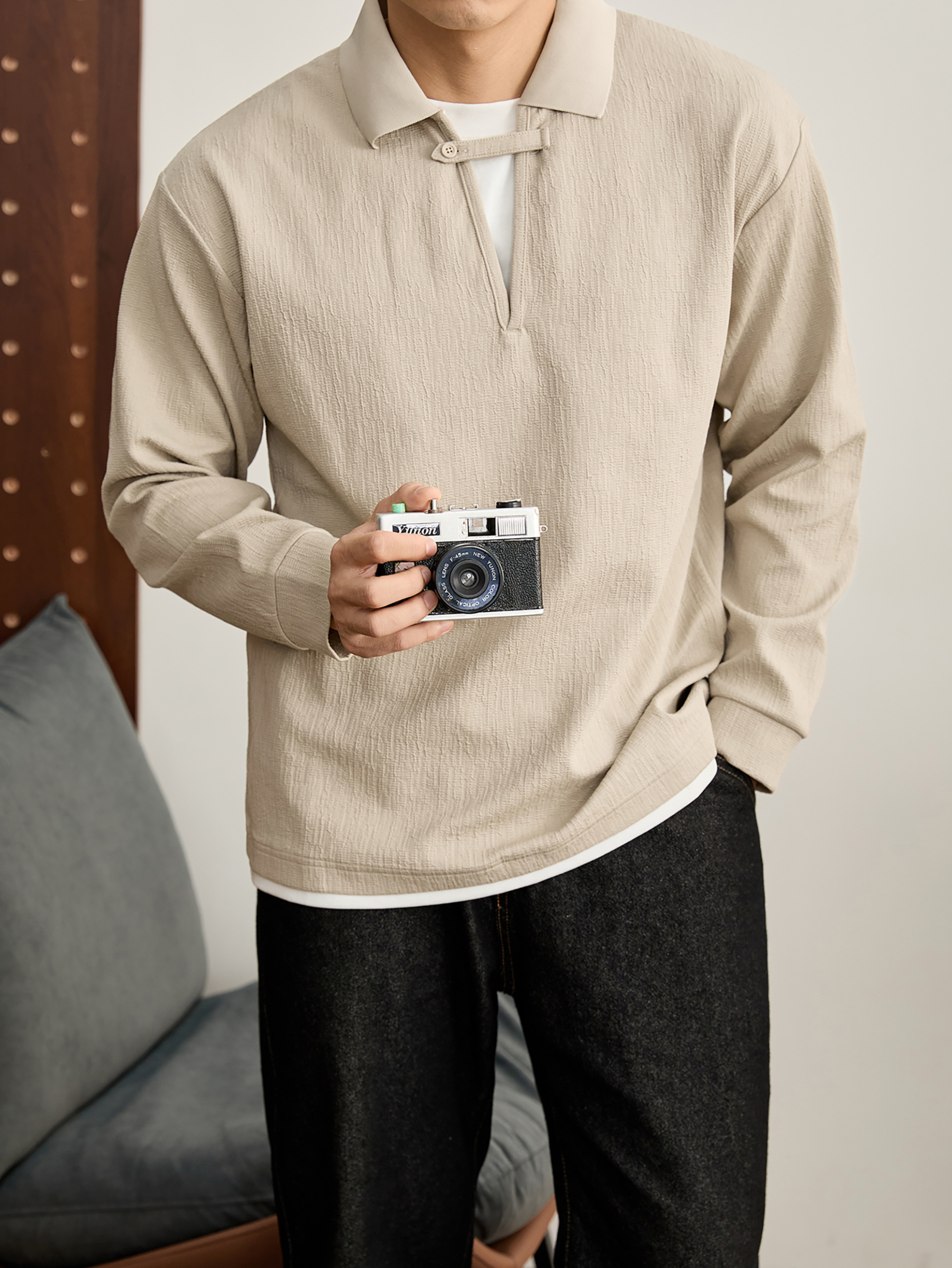 假兩件紐扣拼接帶V型POLO領長袖男士微皺泡泡肌理感針織衛衣