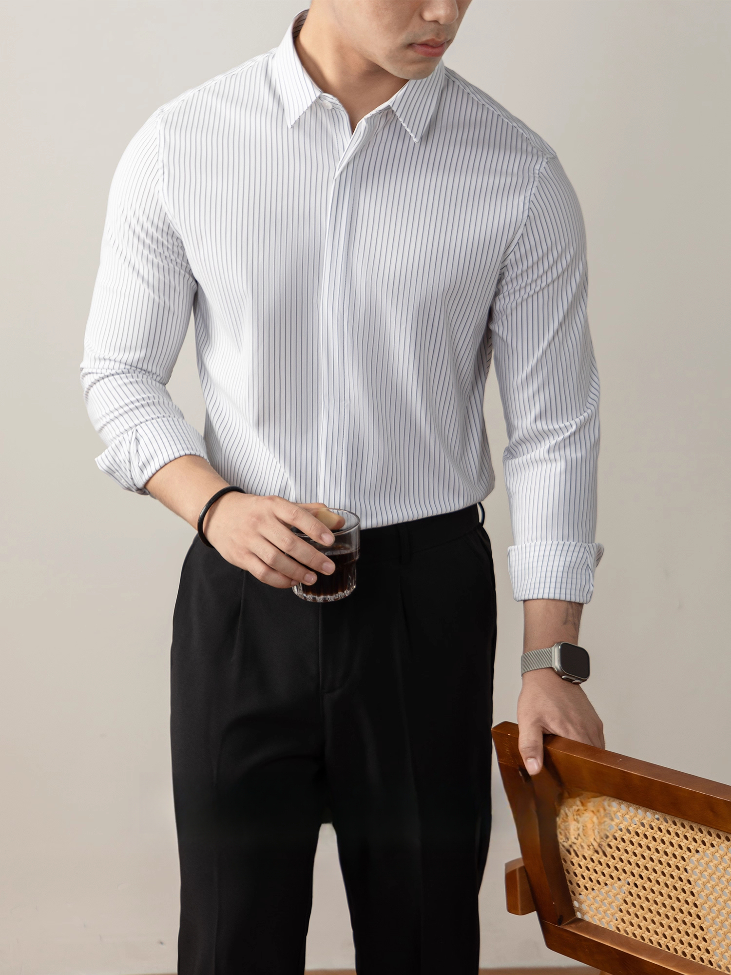 SLIMVERT【纖直紋】高端襯衫男長袖豎條紋隱藏式暗釦商務免燙顯瘦