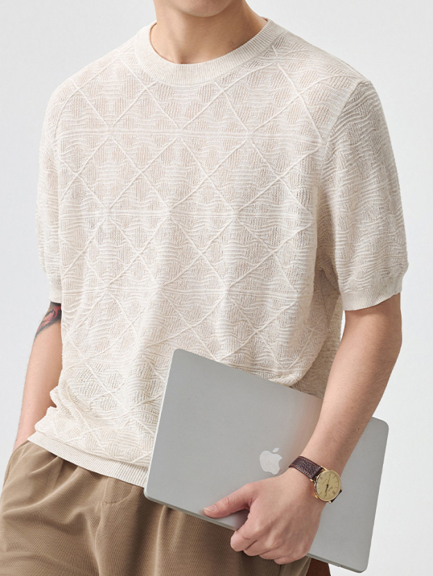 男士薄款春夏新款針織老錢風男短袖網格透氣超薄日系復古亞麻T恤