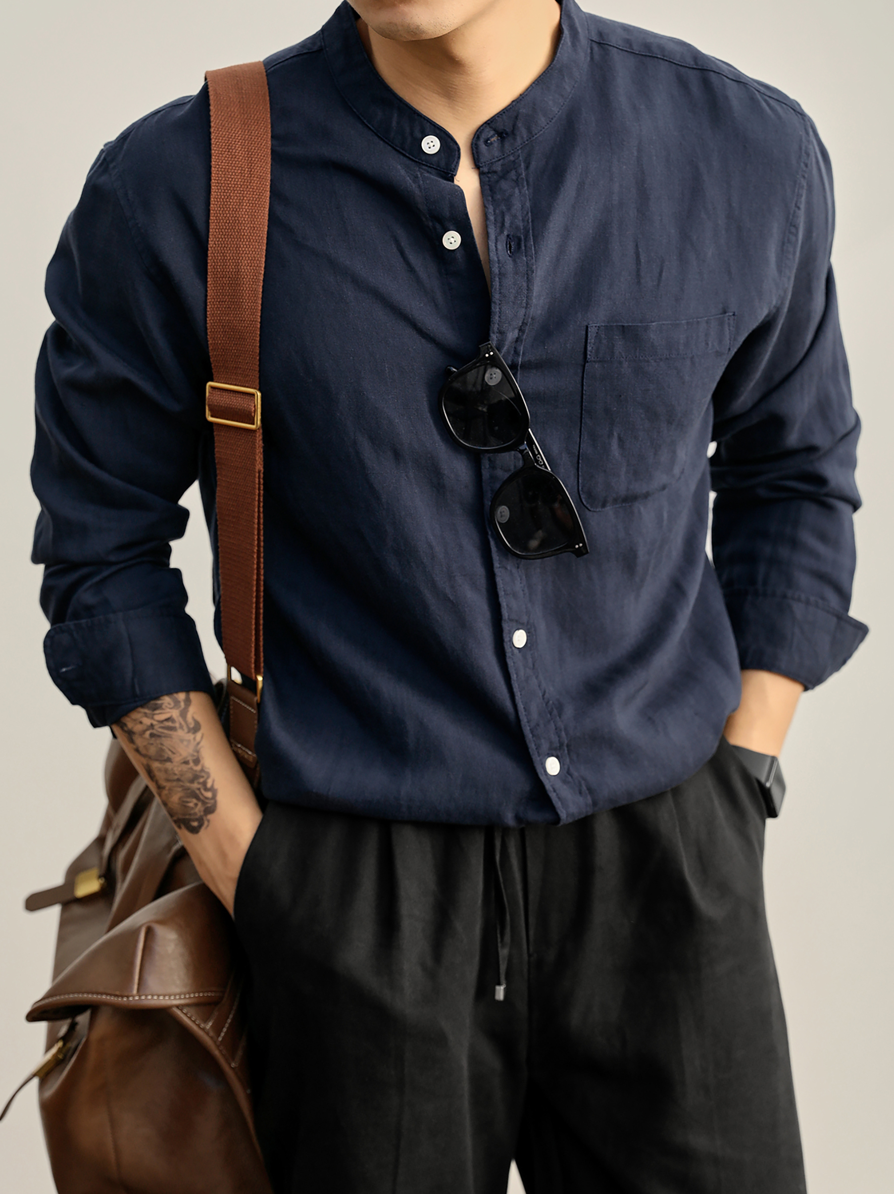 輕奢沉穩老錢口袋款襯衣天絲亞麻休閒長袖復古中式立領襯衫