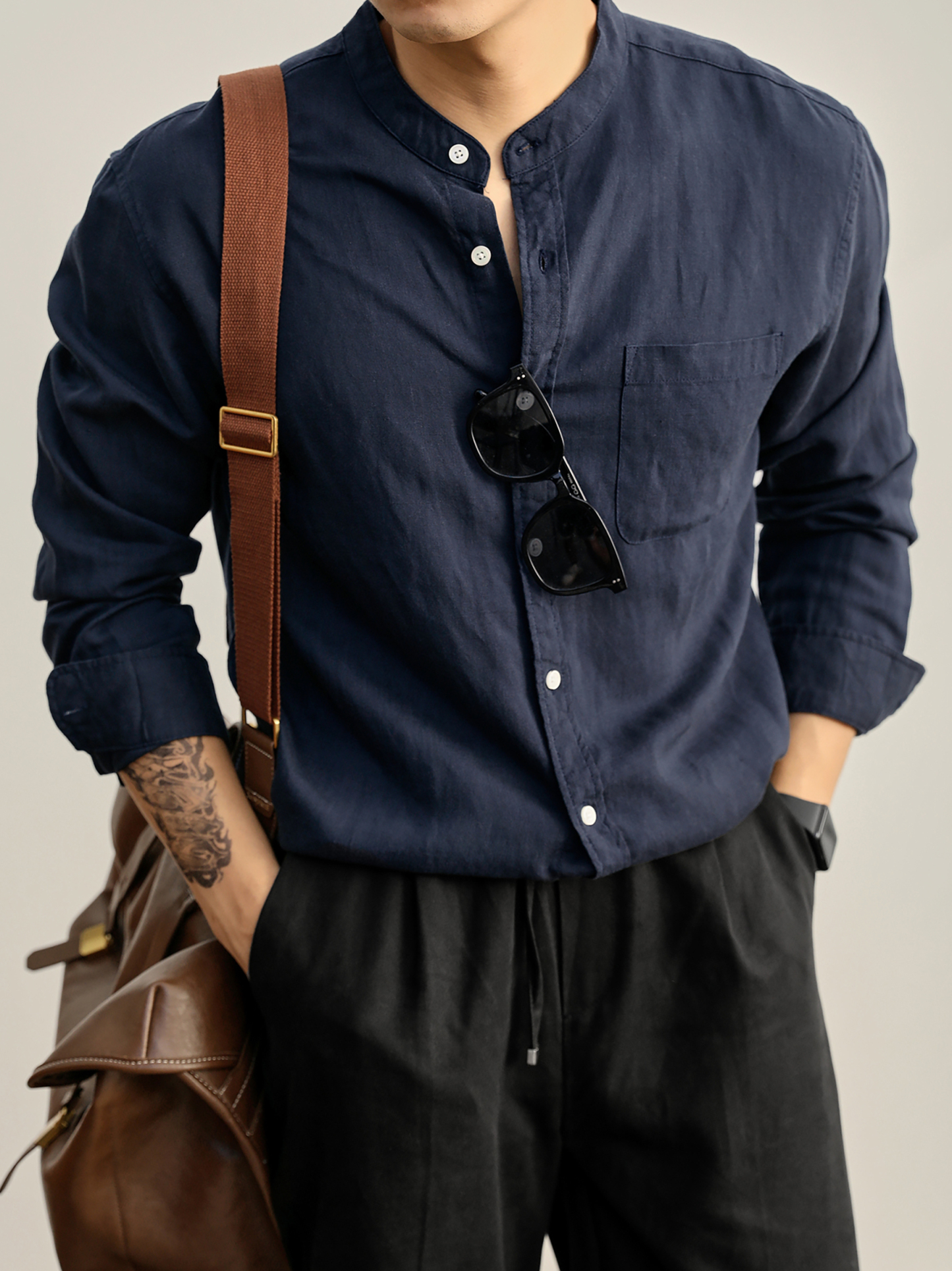 輕奢沉穩老錢口袋款襯衣天絲亞麻休閒長袖復古中式立領襯衫