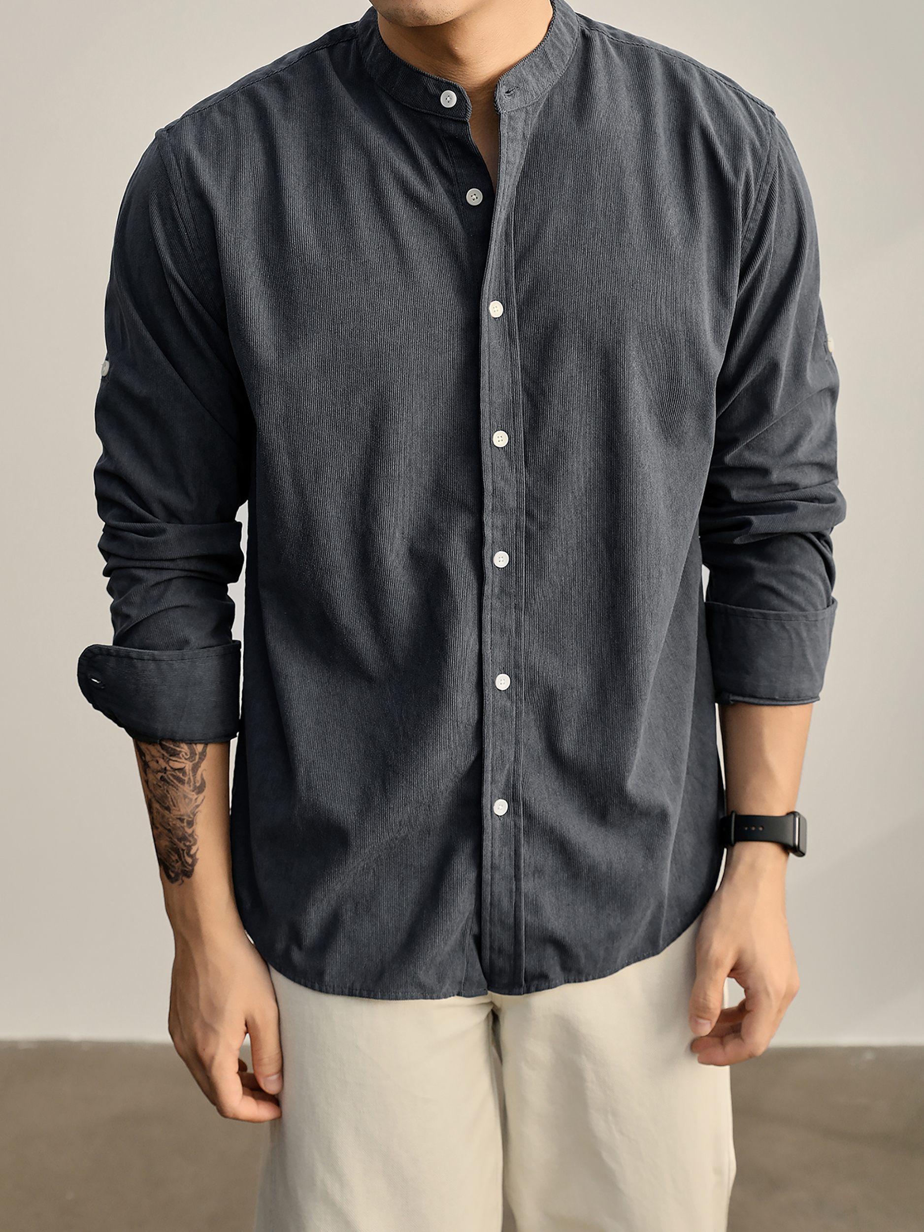 老錢風質感燈芯絨新中式立領休閒襯衫男潮流捲袖單穿小襯衣