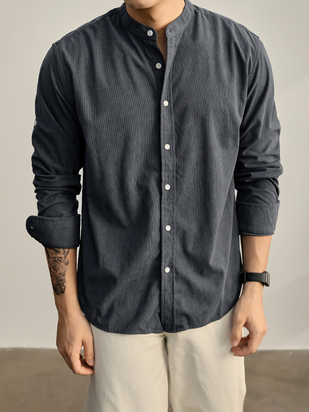 老錢風質感燈芯絨新中式立領休閒襯衫男潮流捲袖單穿小襯衣