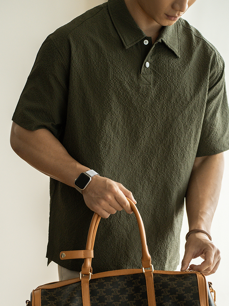 美式速幹簡約泡泡紗短袖Polo衫男士2025春夏休閒翻領Polo衫