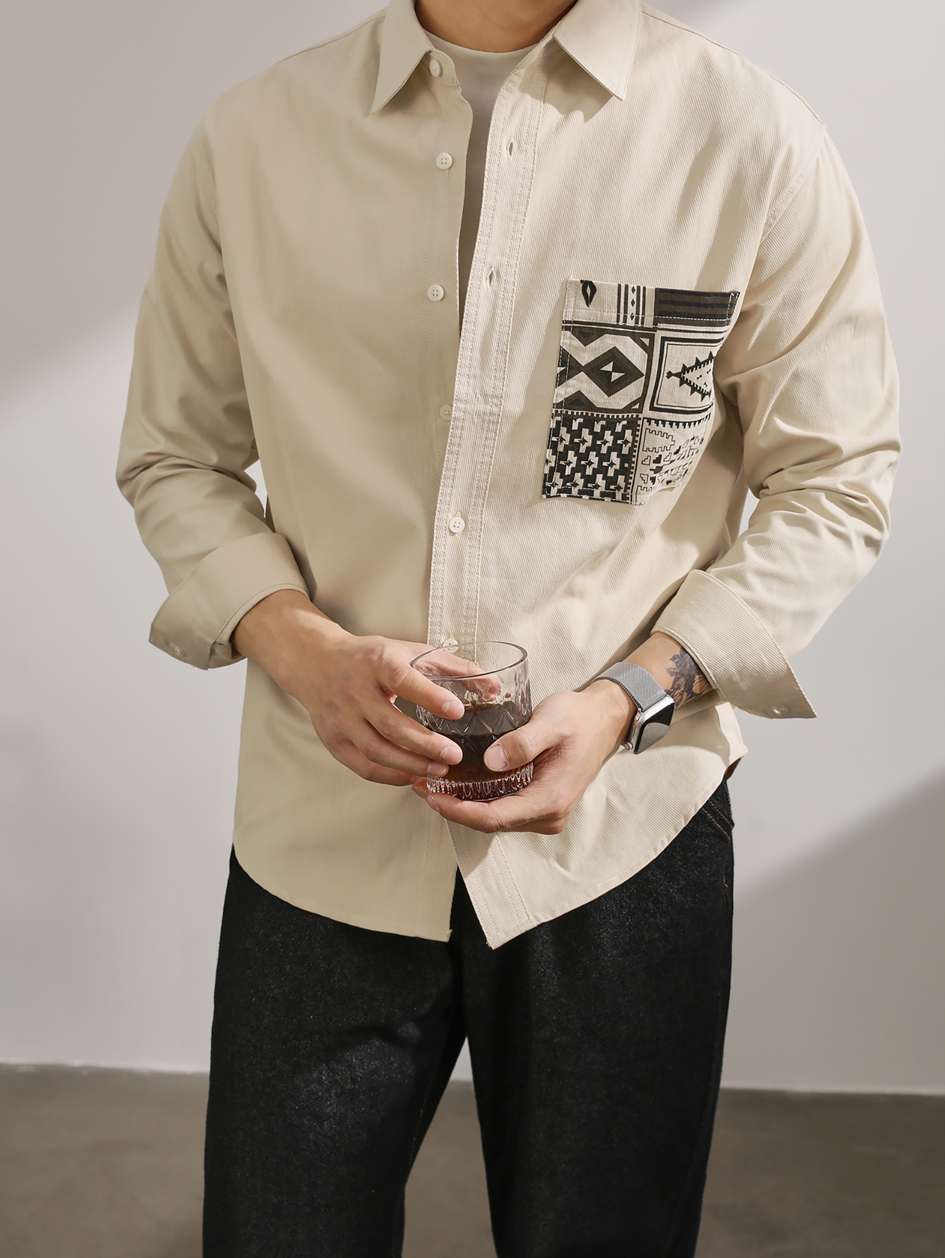 純棉斜紋拼接民族風口袋長袖襯衫男潮流痞帥小襯衣外套