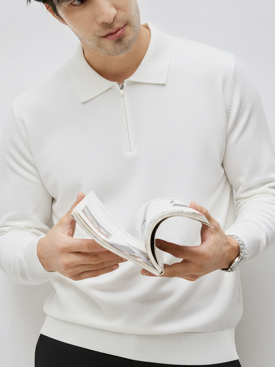 高端商務通勤 羊毛莫代爾 設計感拉鍊翻領毛衣男士冬季保暖針織衫