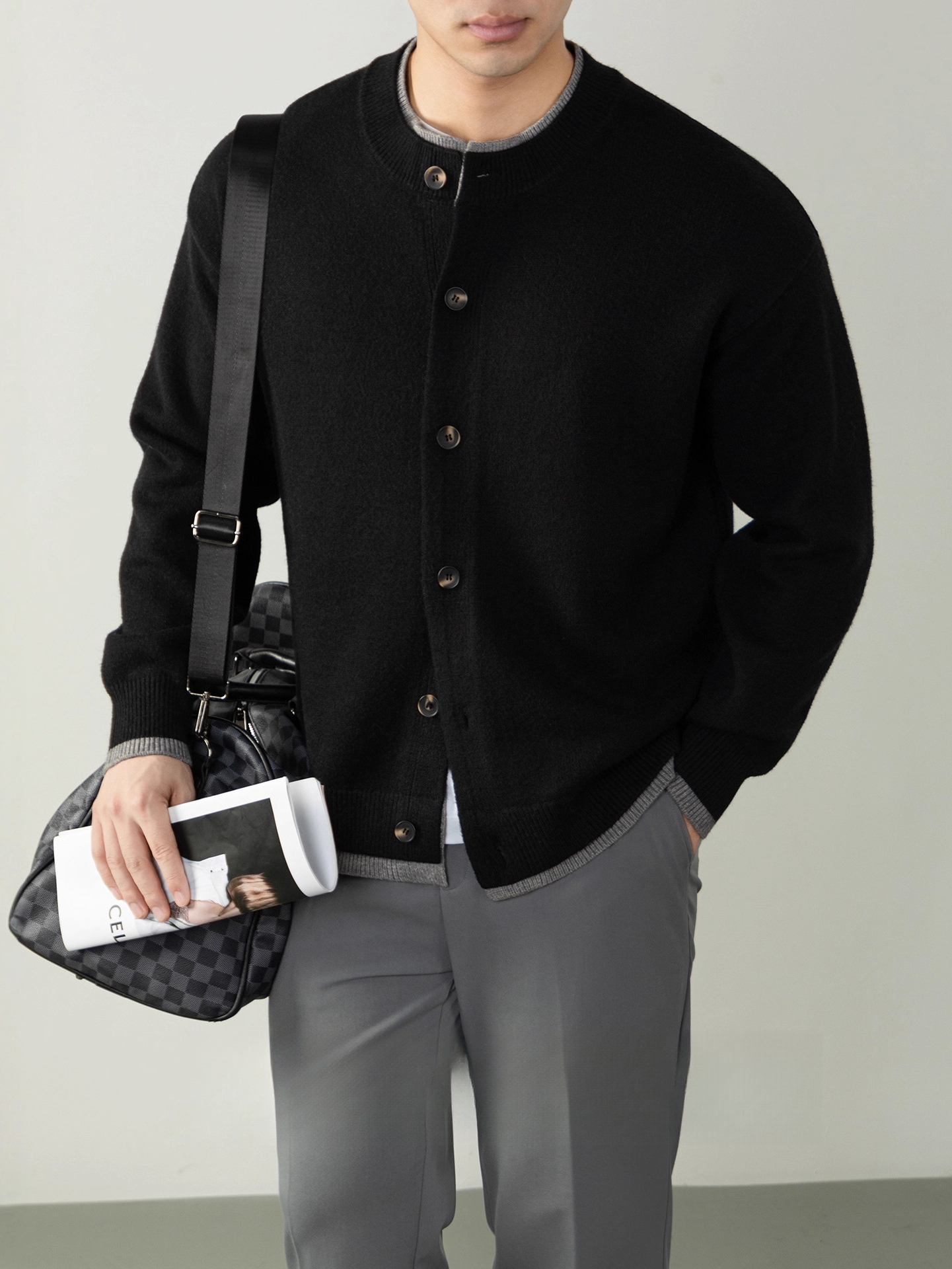 輕奢風撞色假兩件暖柔秋冬可機洗親膚毛衣男士亨利領針織衫