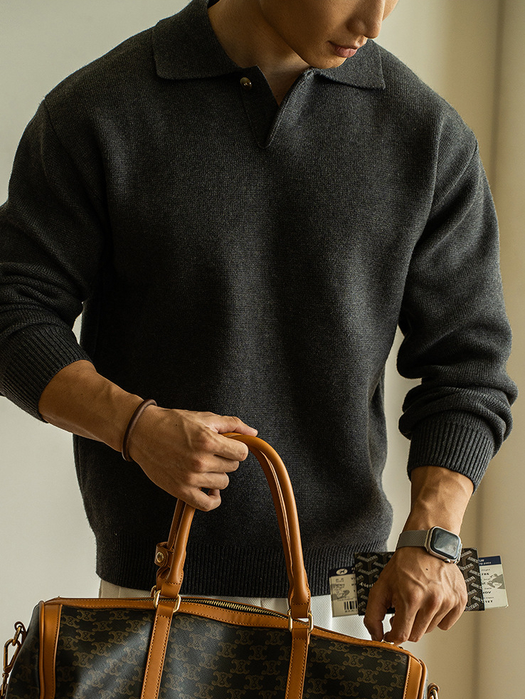 老錢風意式7針米絨翻領半開襟針織衫男士秋冬寬鬆休閒長袖polo衫