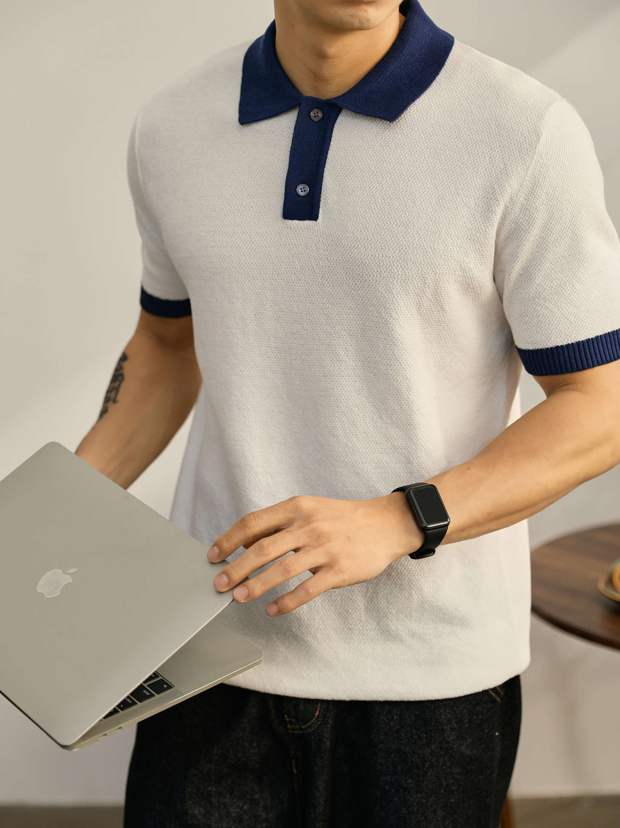 都市輕熟風撞色翻領Polo衫男夏季時尚休閒針織衫純棉上衣