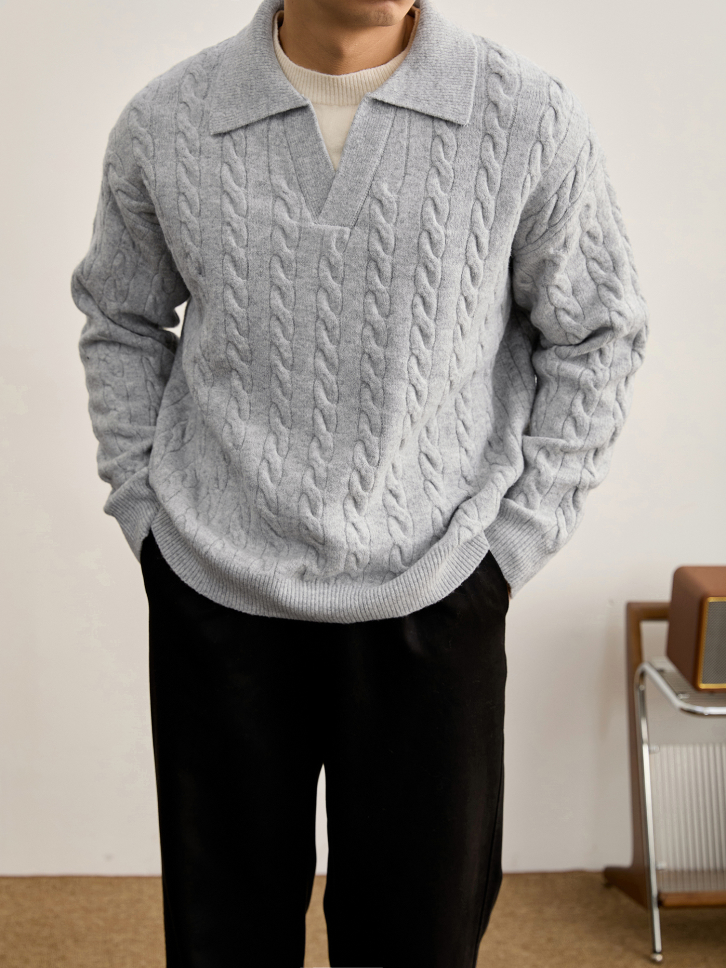 慵懶假兩件麻花肌理時尚設計感毛衣男冬季海鷗領翻領針織衫