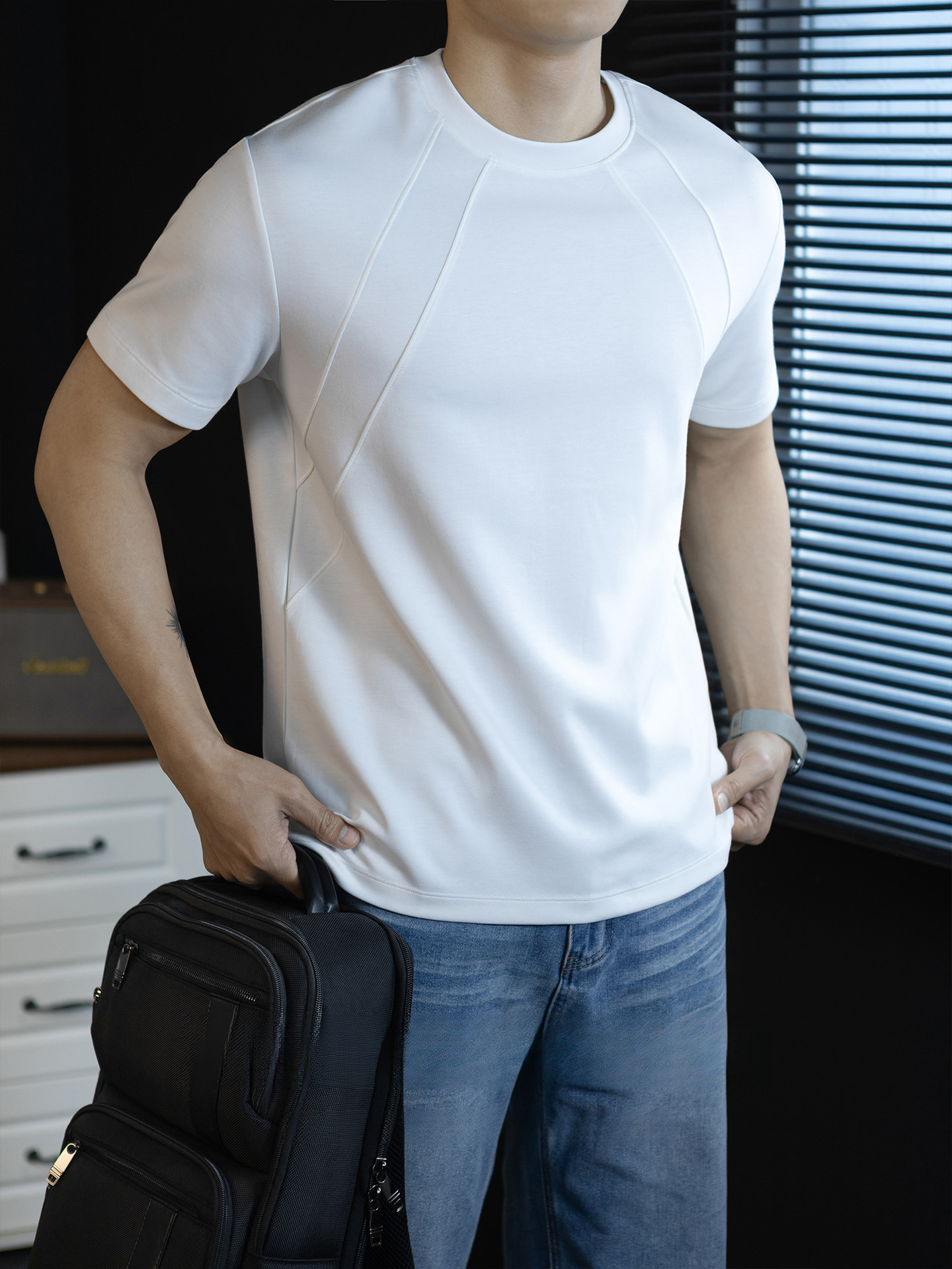 【都市輕旅】液氨莫代爾棉3D插肩短袖T恤男基礎純色休閒商務夏季