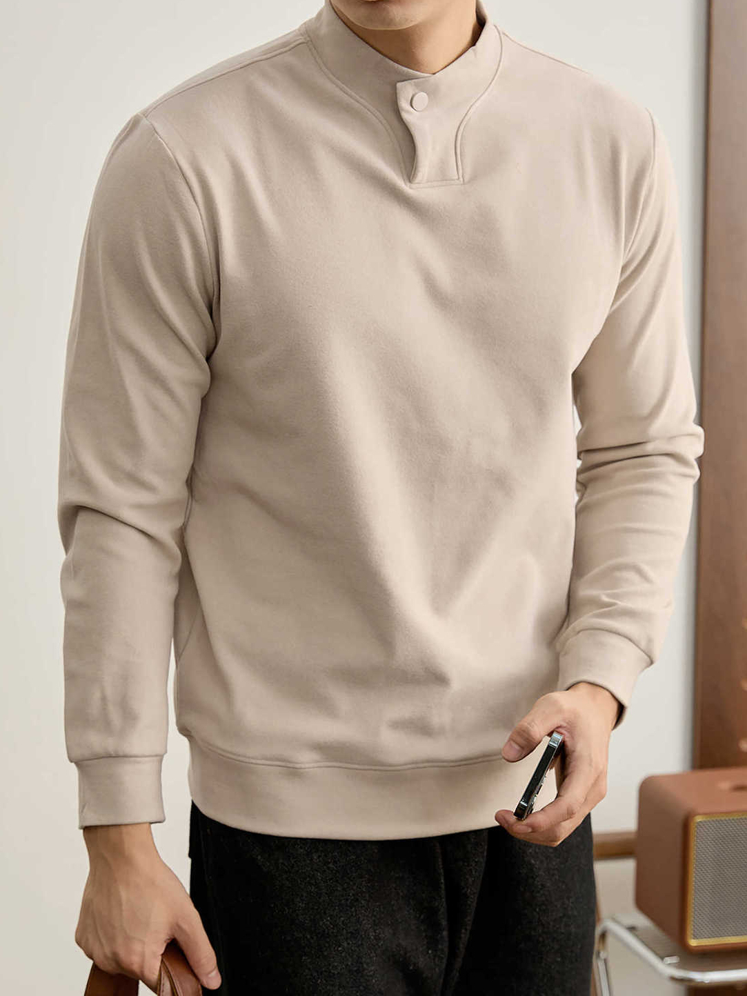 莫蘭迪色系冬季保暖德絨打底衫衛衣復古風一粒扣中領上衣男