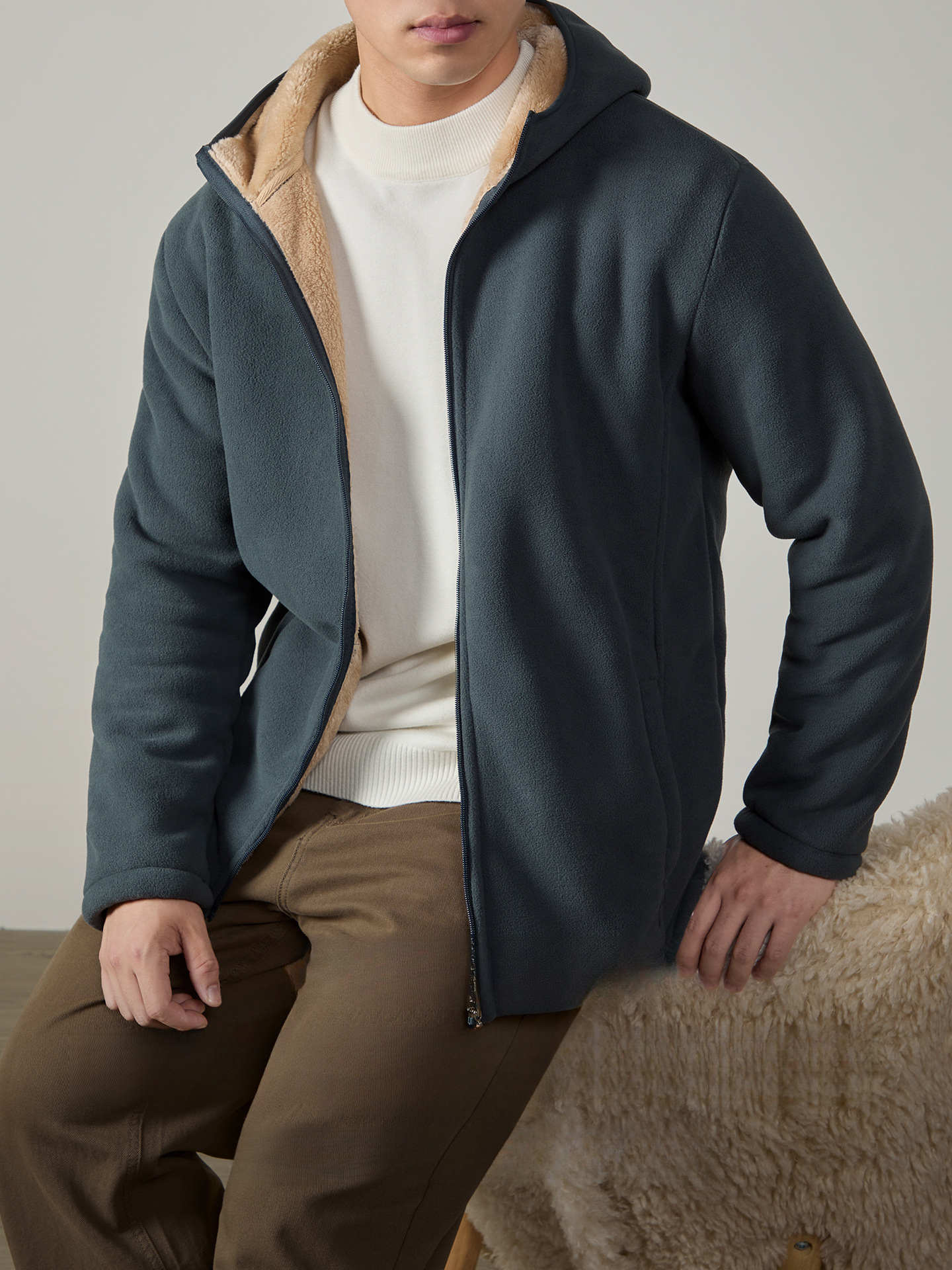 【搖粒絨&羊羔絨】雙面加絨加厚防風外套男士冬季保暖發熱連帽衫