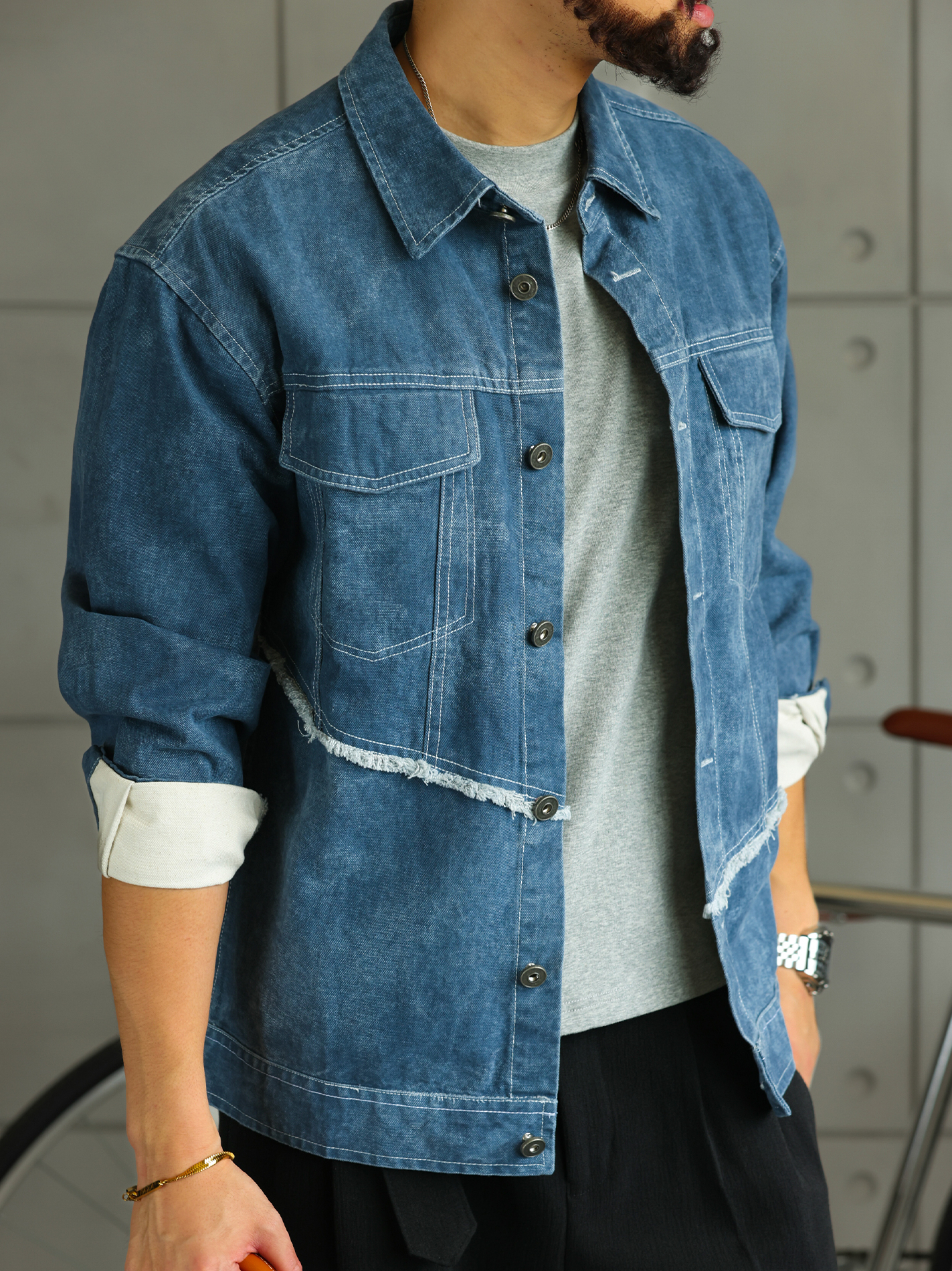 【大阪街頭】破邊拼接酵素水洗棉牛仔夾克男工裝外套上衣