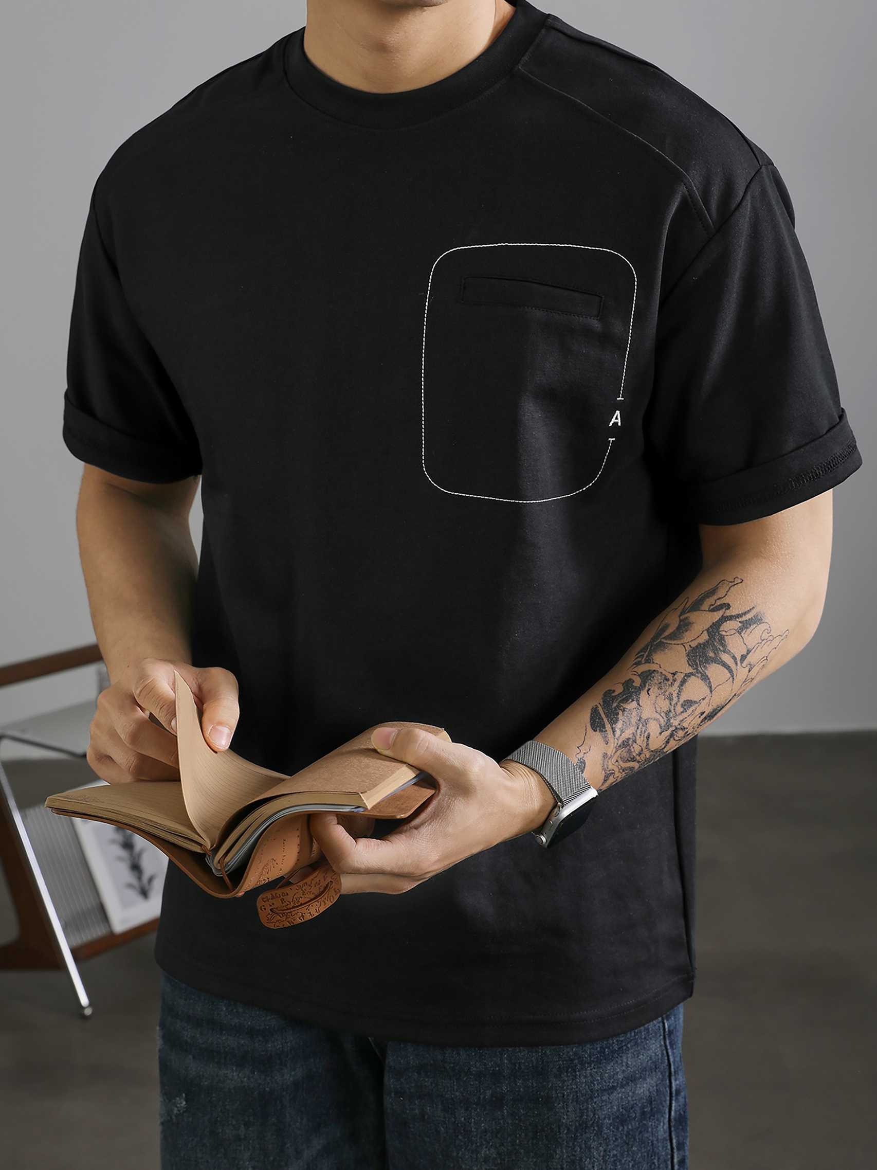 簡約A字刺繡棉質短袖T恤男國潮明線假口袋裝飾百搭圓領體恤