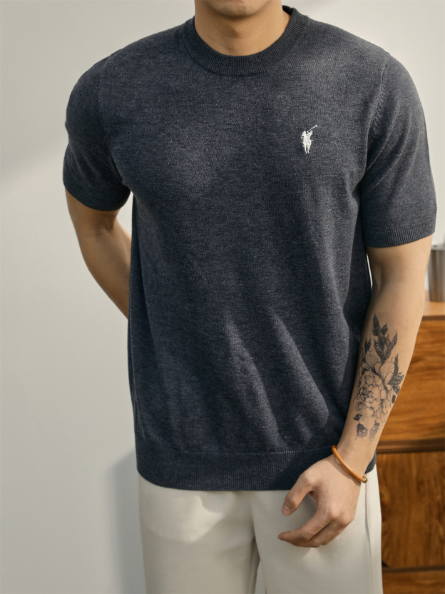 親膚柔順羊毛針織T恤男款都市通勤休閒短袖騎士刺繡圓領體恤