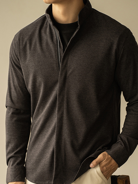 輕商務毛呢拉鍊長袖襯衫男士青年秋冬季新款修身休閒外套