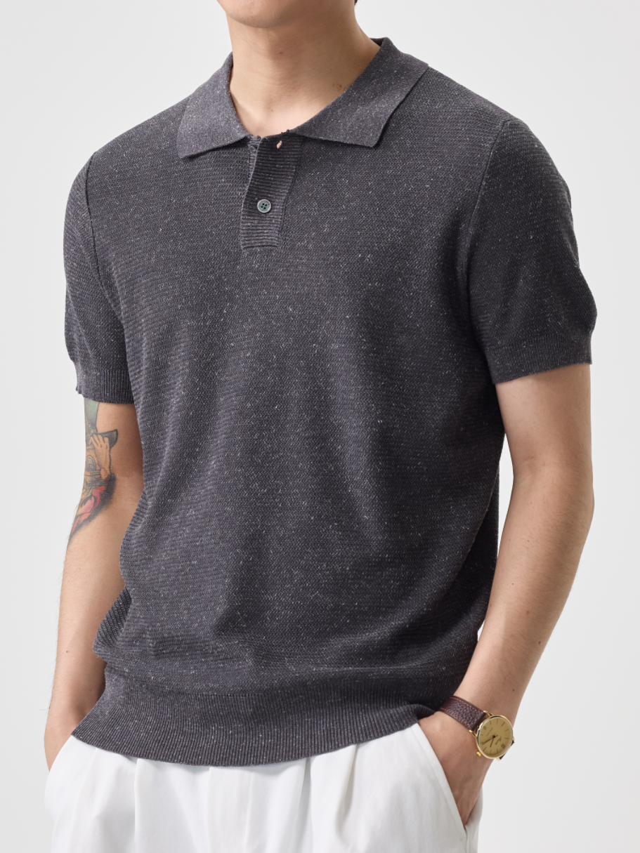 美式复古翻领POLO衫男士夏季透气休闲商务老钱风亚麻短袖t恤