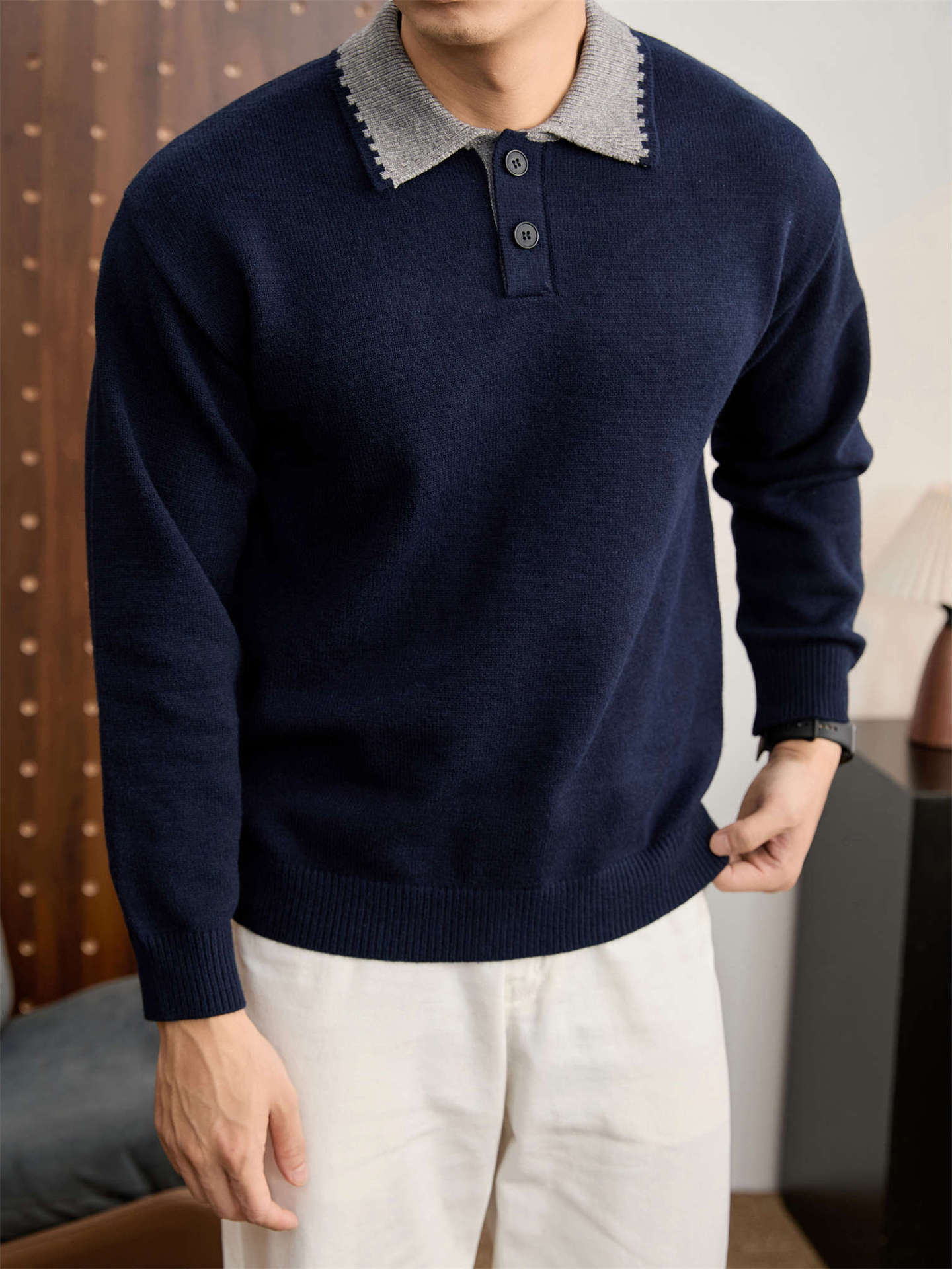 復古老錢風抗起球針織衫衛衣男士秋冬季撞色翻領長袖POLO衫