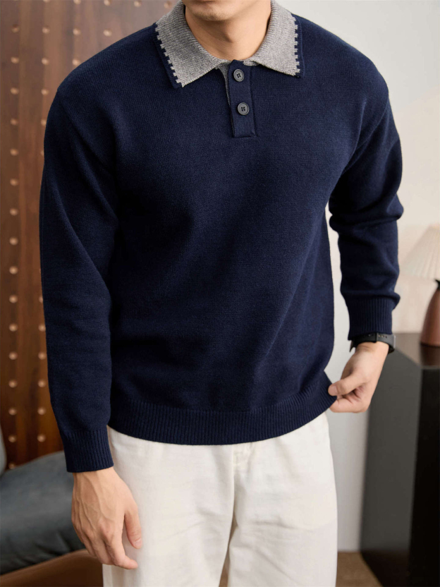 復古老錢風抗起球針織衫衛衣男士秋冬季撞色翻領長袖POLO衫