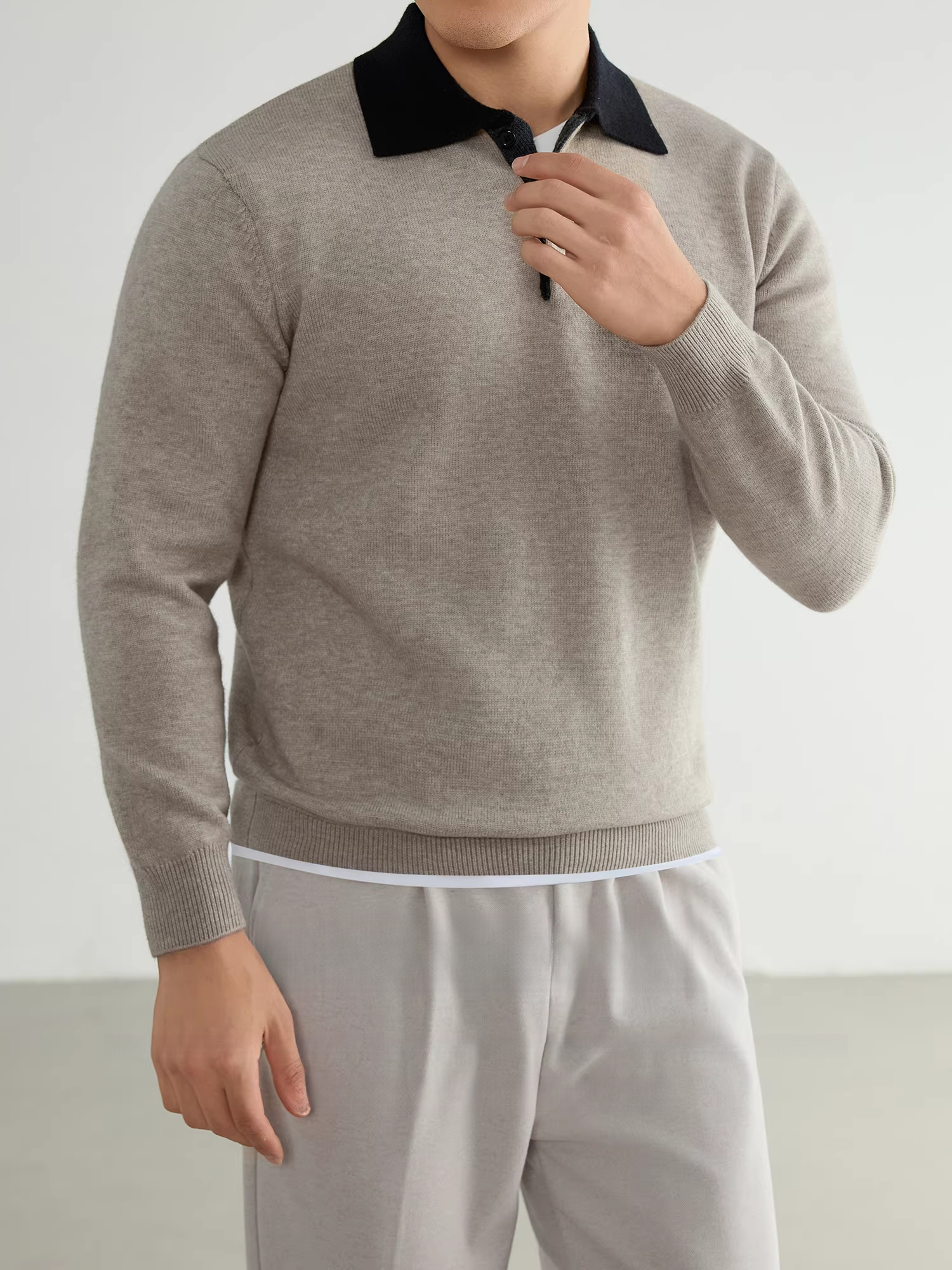 【抗起球】美式翻領撞色商務休閒毛衣男士通勤長袖針織衫