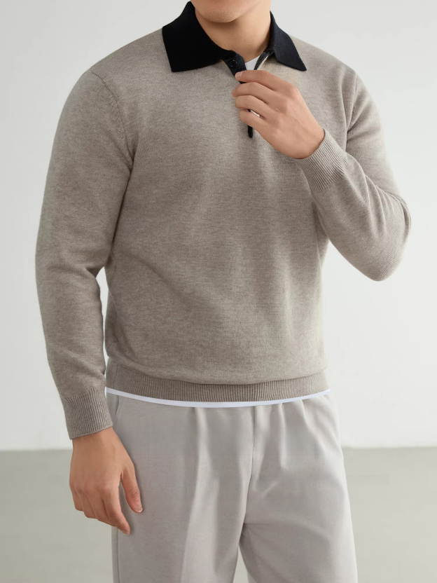 【抗起球】美式翻領撞色商務休閒毛衣男士通勤長袖針織衫