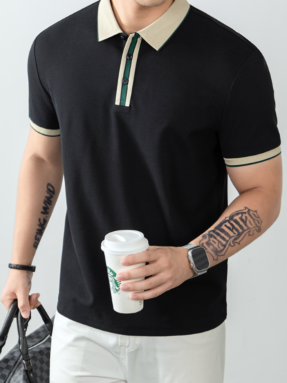 絲韻LuxePique珠地輕奢POLO衫短袖男夏季高端撞色翻領T恤商務休閒