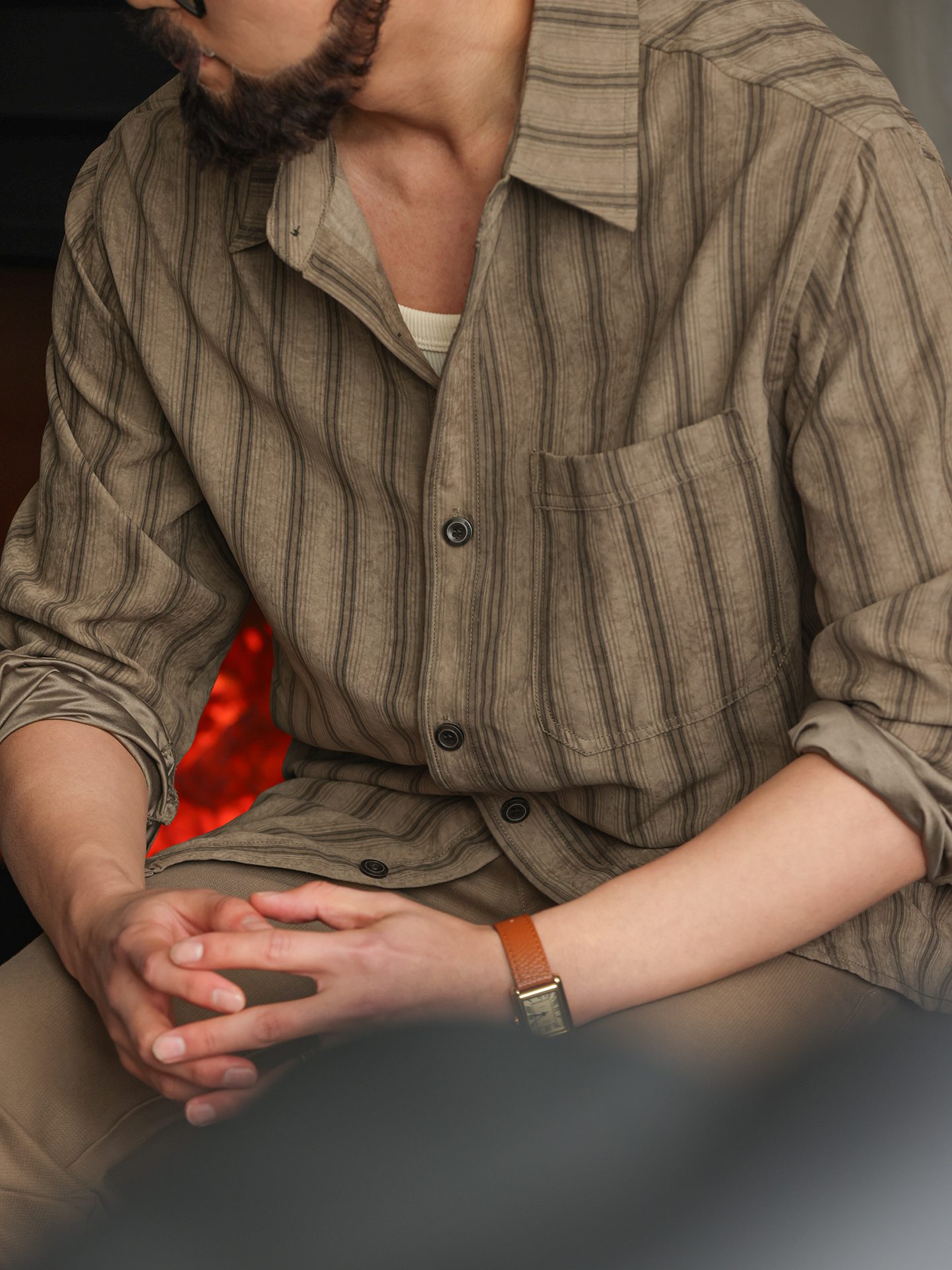 復古條紋銅氨絨抗皺長袖襯衫男夏秋季寬鬆休閒襯衣外套