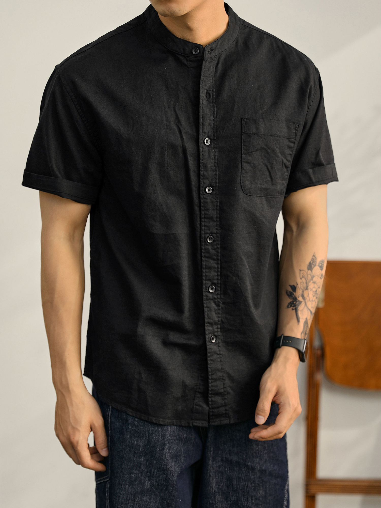 新中式透氣亞麻中山領襯衫白色口袋款襯衣薄款無領男短袖襯衫