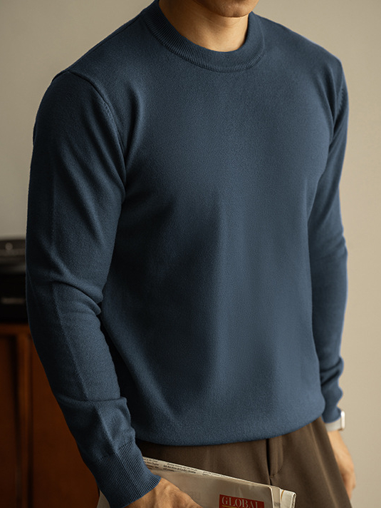 天絲羊毛純色針織衫秋冬新款圓領長袖毛衣男保暖內搭打底衫