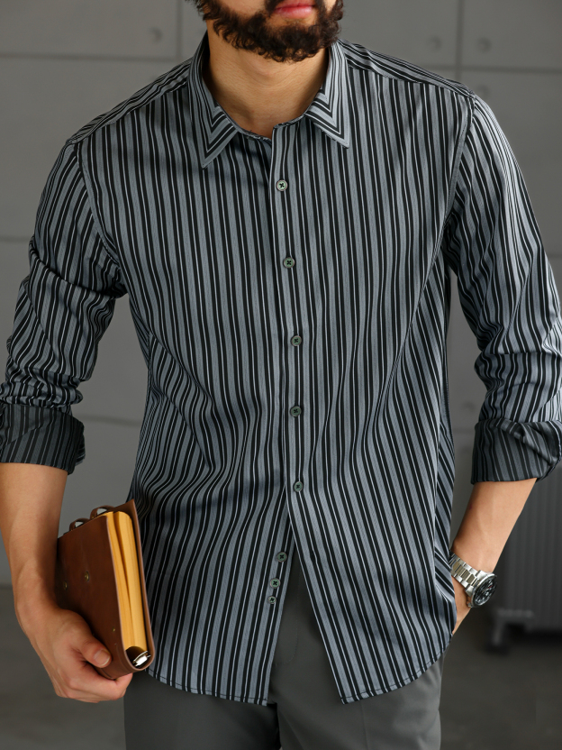 【紳士型格】高端商務莫代爾條紋襯衫男免燙休閒長袖襯衣